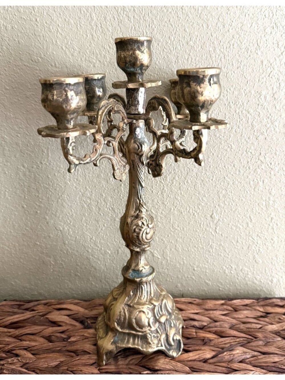 Vintage Solid Brass‎ Cast Rococo 5 Arms 12" Baroque Candelabra